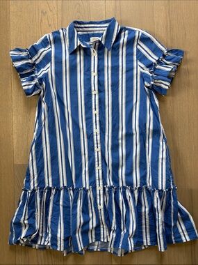 J. Crew Blue and White Vertical-Stripe Ruffle-Hem Shirt Dress